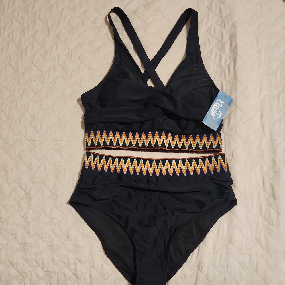 Black Two-Piece Swimsuit with Colorful Accents